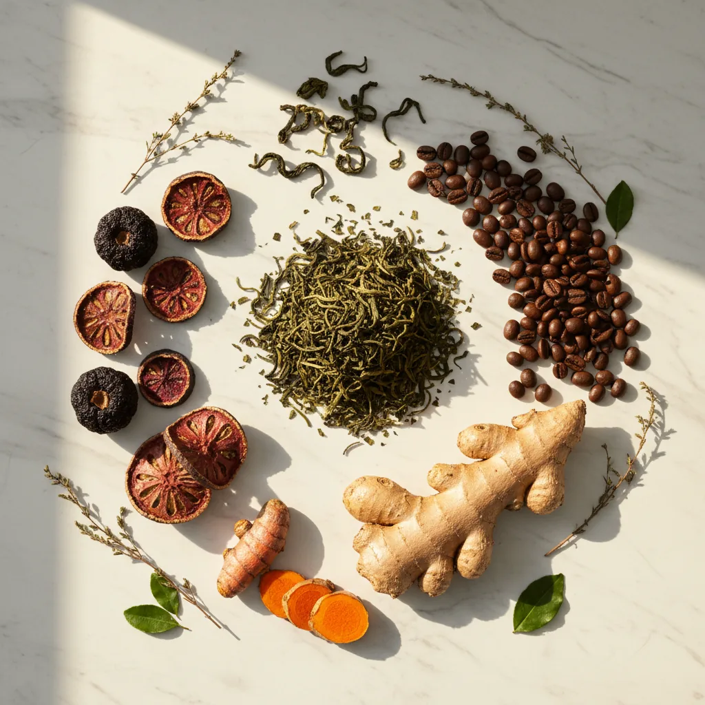 Botanical ingredients flat-lay: green tea, garcinia, coffee beans, ginger, turmeric - plant extract supplement for active lifestyle